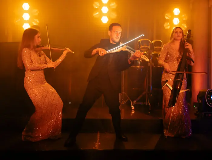 Mike Violinist plays at a private event alongside two other musicians | Mikevents